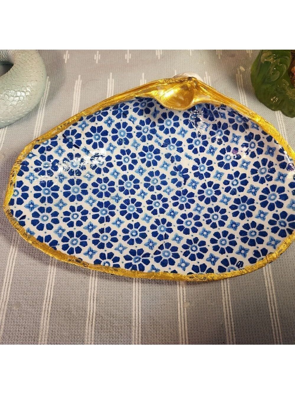 DECOUPAGE CLAM SHELL DECOUPAGE BLUE DESIGN TRINKET DISH - Picture 4 of 13